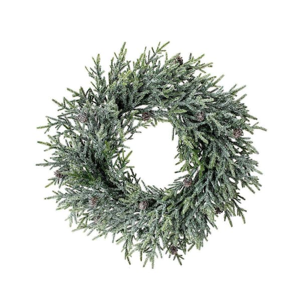 20 in. Green Artificial Frost Mini Fir with Cones Wreath
