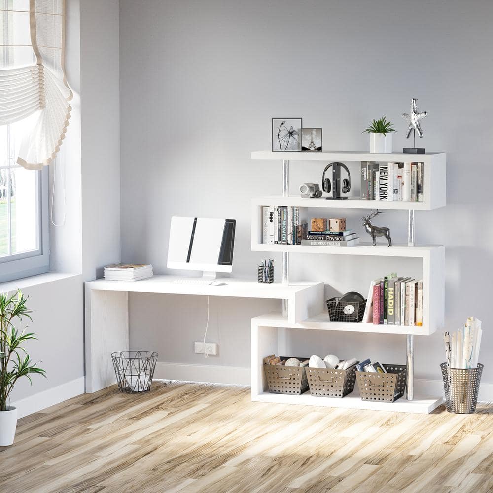 White Foldable L-Shaped Corner Writing Desk with Shelves