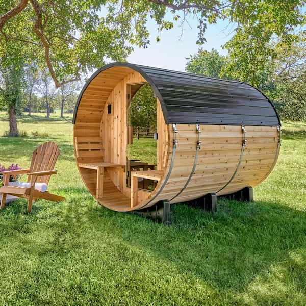 Paxton 6-Person Outdoor Cedar Traditional Wet/Dry Barrel Sauna with Porch, 9kW Electric Heater, Wi-Fi, LED Lights