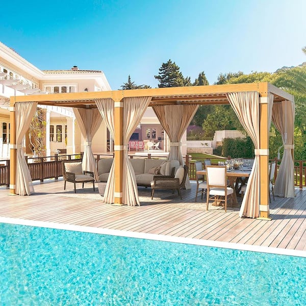 Unbranded 10 ft. x 20 ft. Louvered Pergola with Adjustable Rainproof Roof, Wood Grain Outdoor Aluminum Pergola for Patio