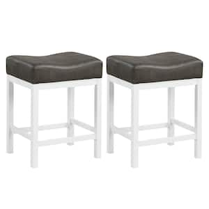 Farmhouse 24.5 in. Black + White Backless Rubber Wood Bar Stool with Linen Fabric Seat (Set of 2)