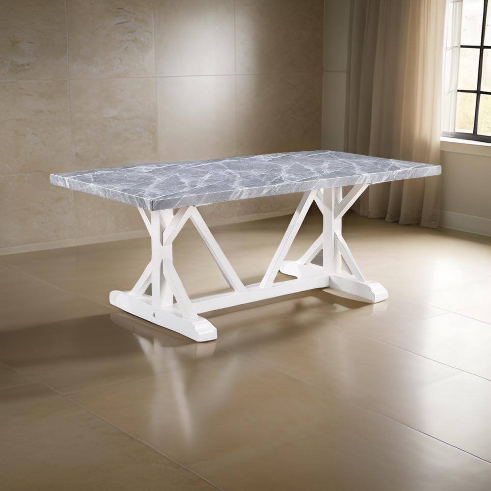 78 in. Gray and White Stone Trestle Dining Table Seating 8