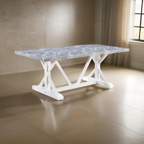 Benjara 78 in. Gray and White Stone Trestle Dining Table Seating 8