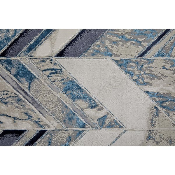 Ivory,  Blue,  Gray 2 ft. x 8 ft. Loomed Chevron Polyester Indoor Area Rug
