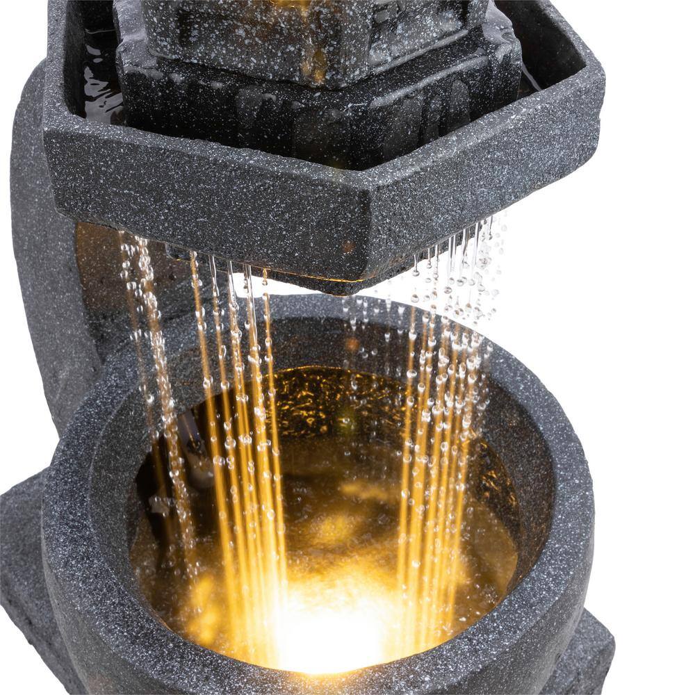 Gray Cement Zen Pagoda Fountain with LED Lights, 31"