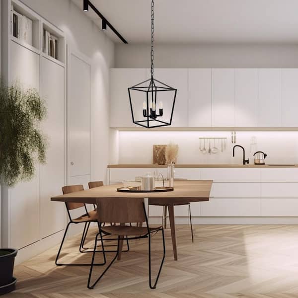 Briignite 47.2 in. 4-Light Black Metal Geometric Cage Lantern Chandelier w/ Candle Design and Adjustable Chain for Kitchen Island