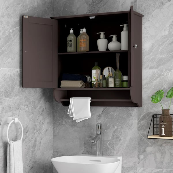 24 in. W x 24 in. H Rectangular Brown Wall-Mounted Wood Bathroom Medicine Cabinet with Towel Bar