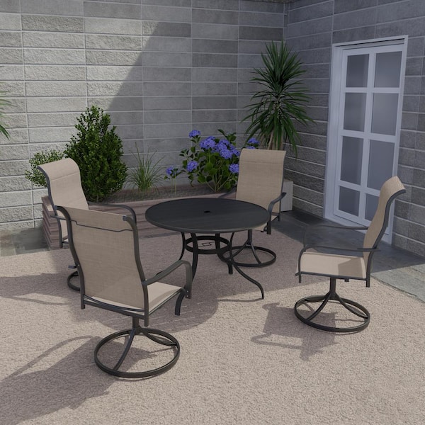 5-Piece Black Metal Steel Mesh Round 28.35 in. H Table Outdoor Dining Set / 4 Textiliene Swivel Chairs * Umbrella Hole