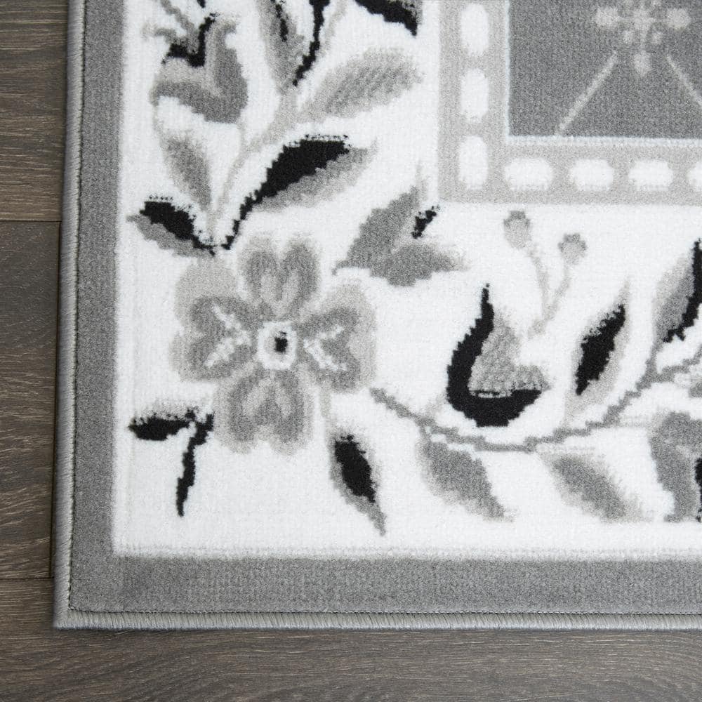 Grey and Ivory Rectangular Traditional Floral Area Rug