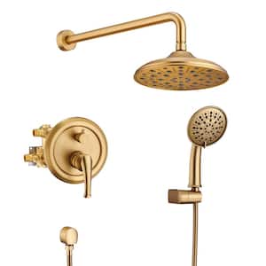 3-Spray Patterns 8.3 in. Wall Mount Shower Faucet Set Dual Shower Heads in Brushed Gold, (Rough in Valve Included)