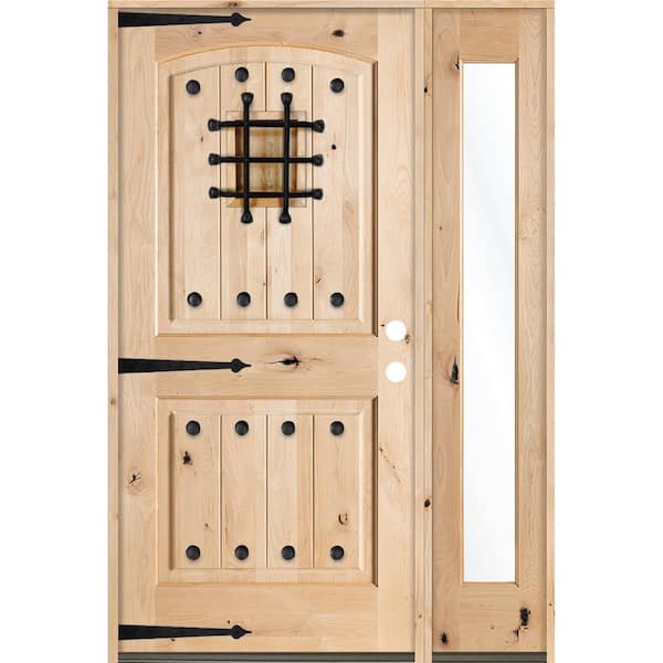 Krosswood Doors 44 in. x 80 in. Mediterranean Unfinished Knotty Alder Arch Left-Hand Right Full Sidelite Clear Glass Prehung Front Door