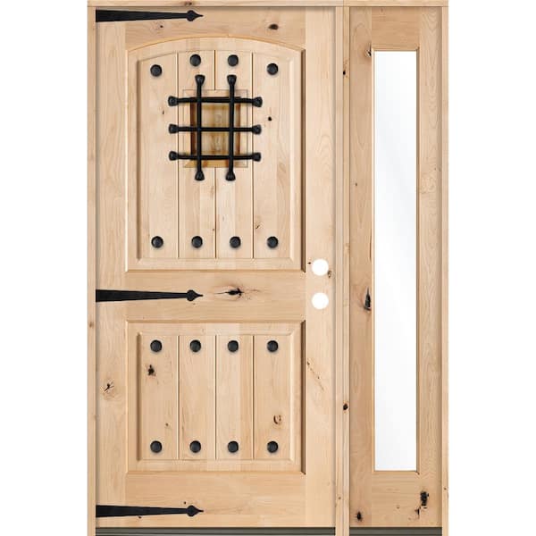 Krosswood Doors 46 in. x 80 in. Mediterranean Unfinished Knotty Alder Arch Left-Hand Right Full Sidelite Clear Glass Prehung Front Door