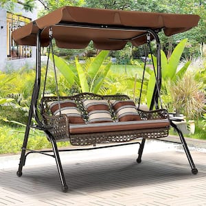 Brown 3-Person Wicker Outdoor Patio Swing with Cushion and Pillows