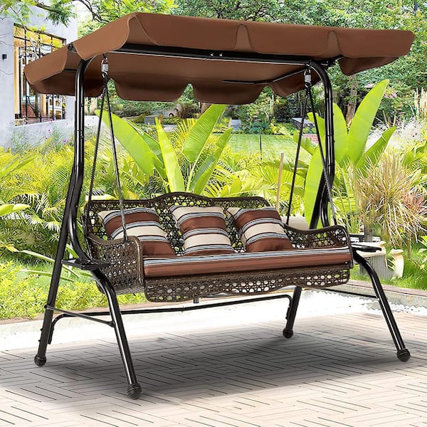 Brown 3-Person Wicker Outdoor Patio Swing with Cushion and Pillows
