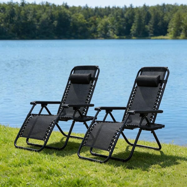 twocorn 2-Pieces Black Steel Folding Recliner Zero Gravity Outdoor