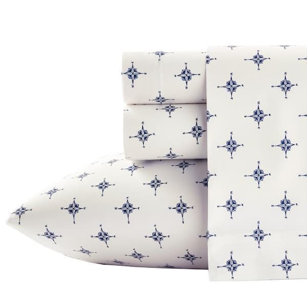 Poppy & Fritz Compass 3-Piece Navy Blue Graphic 200-Thread Count Cotton Percale Twin XL Sheet Set