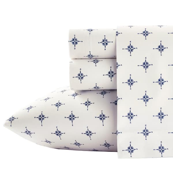 Poppy & Fritz Compass 4-Piece Navy Blue Graphic 200-Thread Count Cotton Percale Full Sheet Set