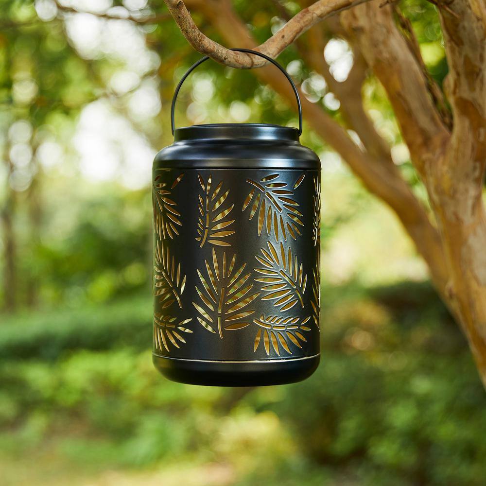 Black Metal Cylinder Solar Powered Outdoor Lantern with Leaf Cutouts