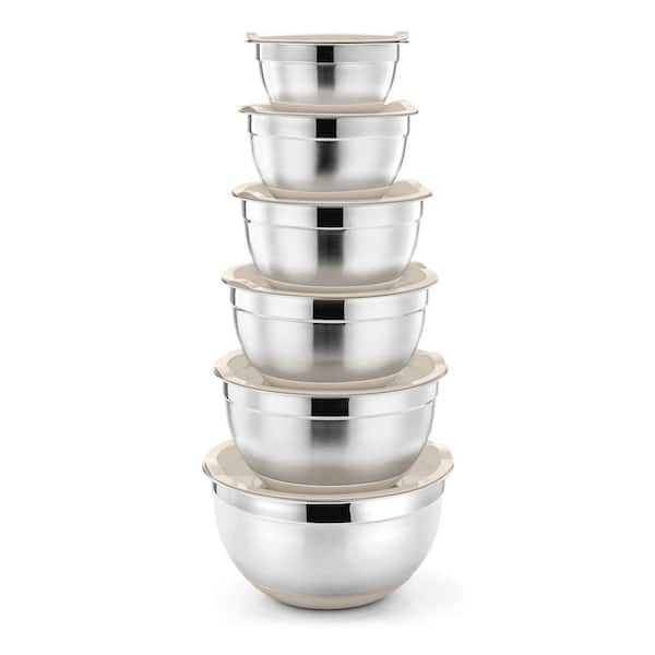 6 Pack Stainless Steel Nesting Mixing Bowls with Fitting Lids and Non-Slip Silicone Bottom, Khaki