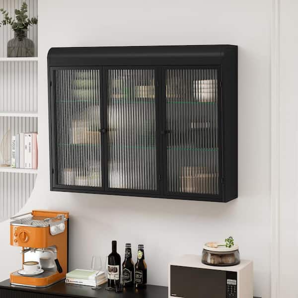 Black Metal Pantry Organizer with 3 Glass Doors Arched Wall Mounted Storage Cabinets with 2 Shelves Bathroom Cabinet