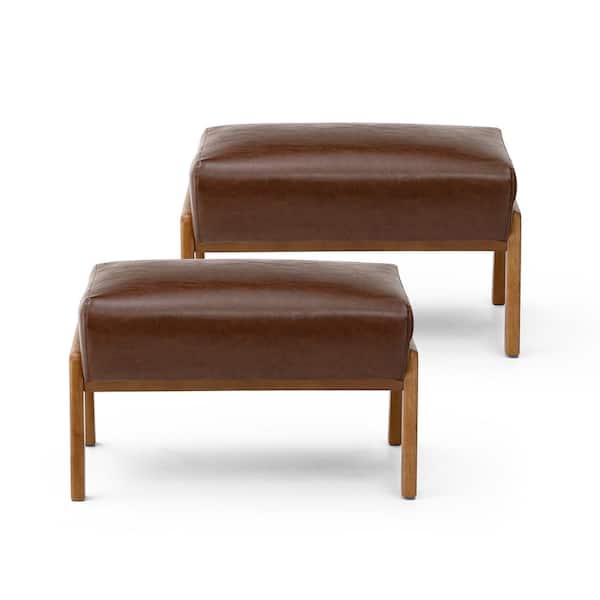 Glitzhome Set of 2 Mid-century Modern Coffee Leatherette Accent Stool with Walnut Rubberwood Legs