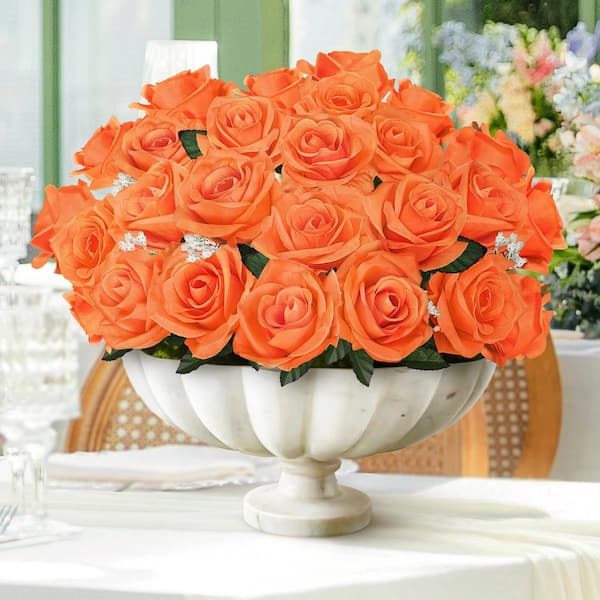 14 in. Orange Artificial Open Rose Flower Stem Bush Bouquet (Set of 12)