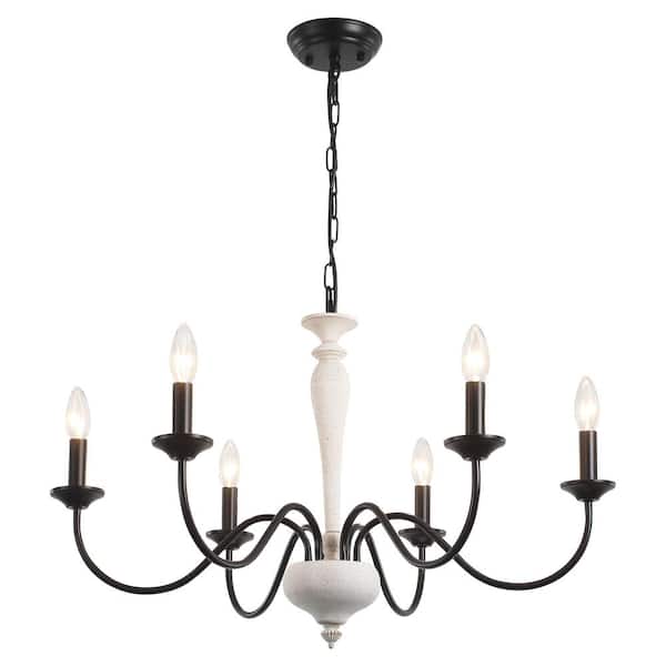 ADSENSTY 6-Light Black and Distressed White Modern Candlestick Rustic Chandelier for Kitchen Island Lighting Fixtures Hanging