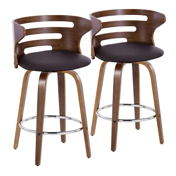 Lumisource Cosi 25.25 in. Brown Faux Leather, Walnut Wood and Chrome Metal Fixed-Height Counter Stool (Set of 2)