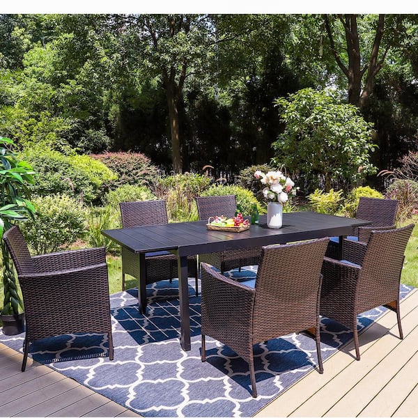 PHI VILLA Black 7-Piece Metal Patio Outdoor Dining Set with Extendable Table and Rattan Chairs with Blue Cushion