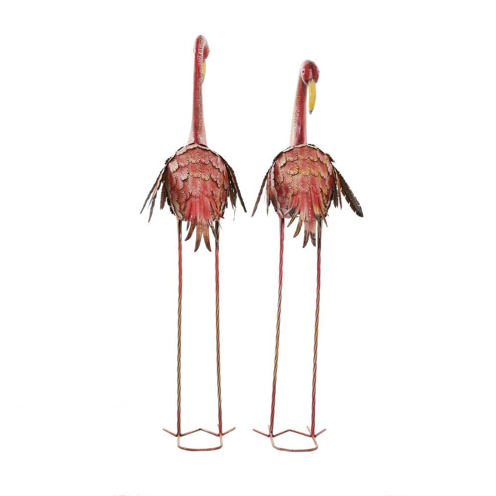 Pink and Yellow Iron Flamingo Garden Sculptures, Set of 2
