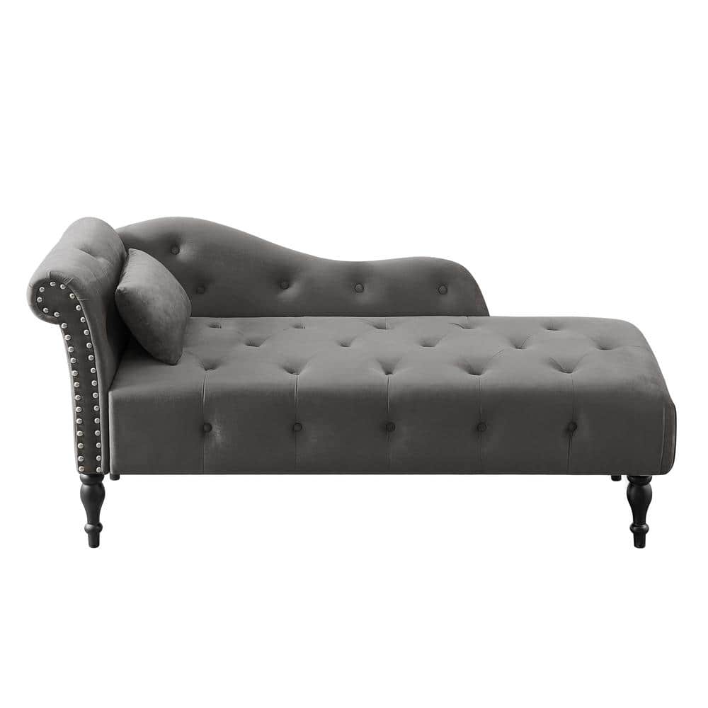 Gray Velvet Nail Head Trim Chaise Lounge with 1-Pillow