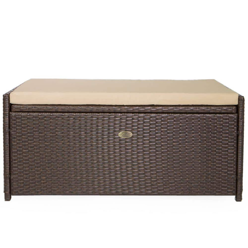 Barton rattan crawford black resin wicker outdoor garden patio deck box storage bench with beige outlet cushions