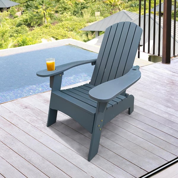 Unbranded Gray 1-Set Modern Outdoor Classic Traditional Patio Adirondack Wood Chair with Hole to Hold Umbrella on The Arm
