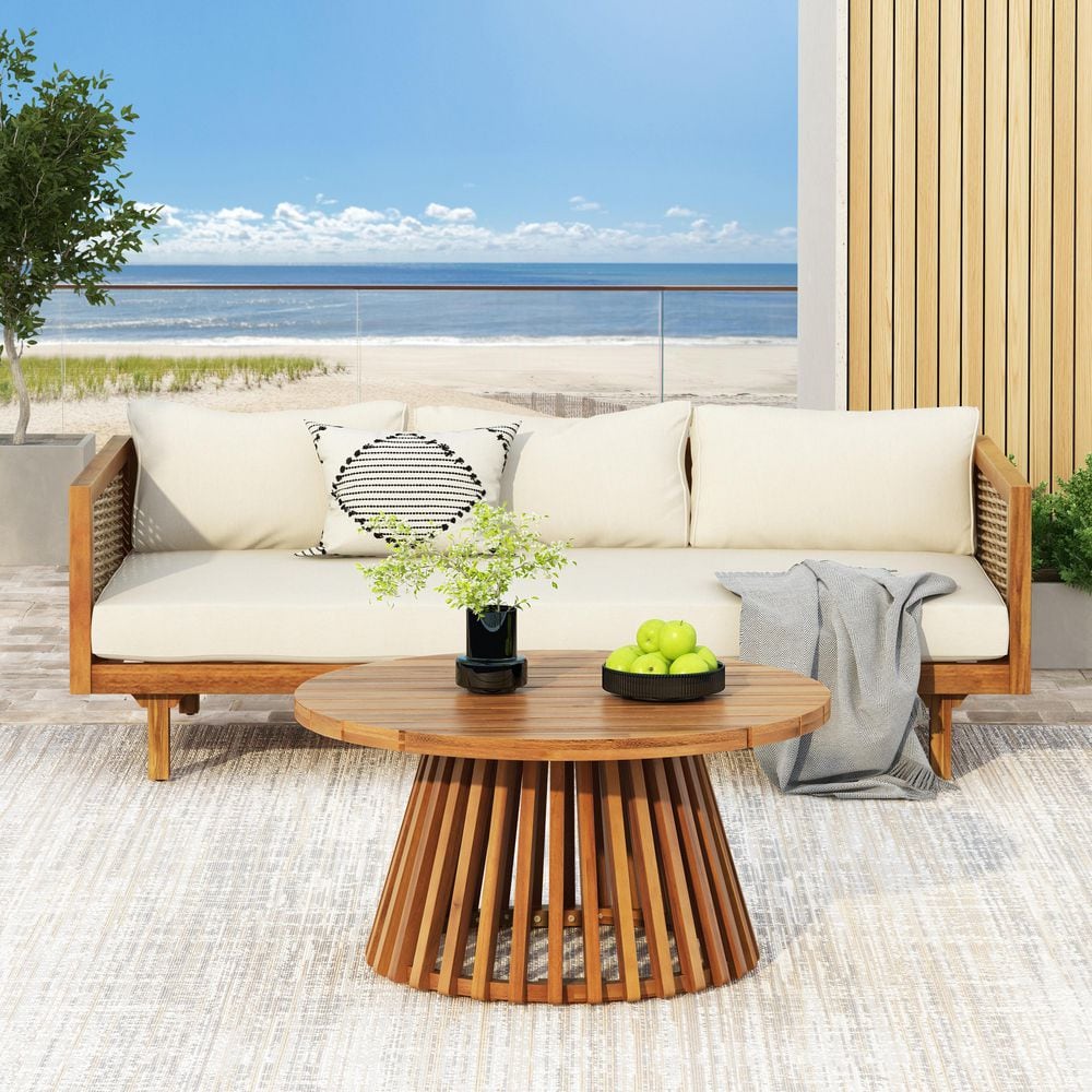 2-Piece Acacia Wood Patio Conversation Set with Beige Cushions 2-Piece Acacia Wood Patio Conversation Set with Beige Cushions
