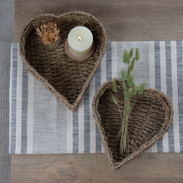 VINTAGE WOVEN WOOD WICKER HEART SHAPED BASKET HOME DECOR