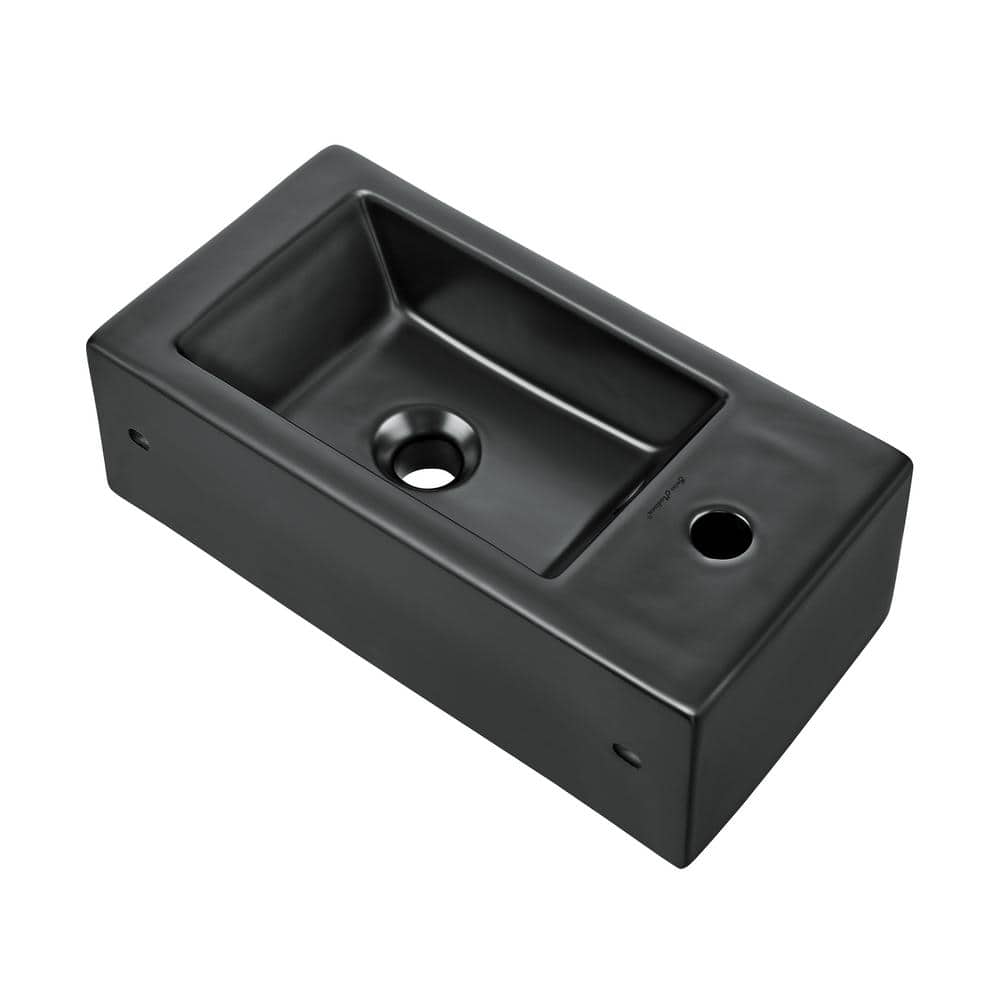 Matte Black Rectangular Ceramic Wall-Mounted Sink with Left Side Faucet