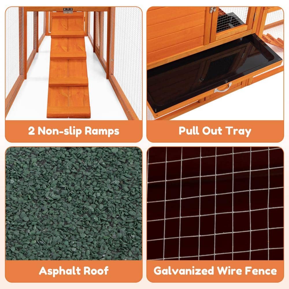 Large Orange Wood Rabbit Hutch with Ramps and Mesh Runs