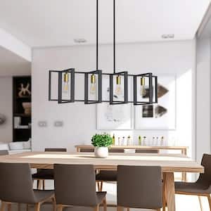 4-Light Farmhouse Kitchen Island Pendant, Industrial Black Rectangle Linear Chandelier for Dining Room Living Room