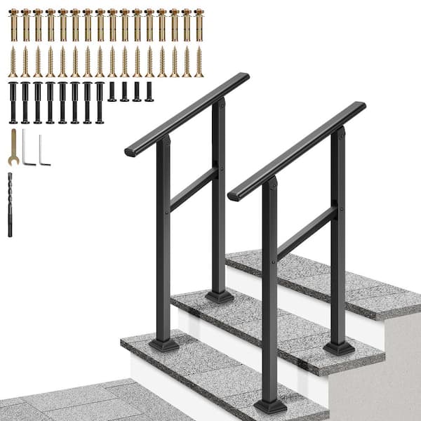 2-Pack 2 Step 36 in. H x 27 in. W Black Wrought Iron Oval Handrail Stair Railing Kit