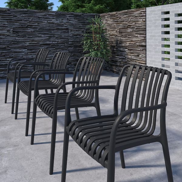 Lagoinha 4-Piece Cane and Resin Patio Dining Chair Set Black