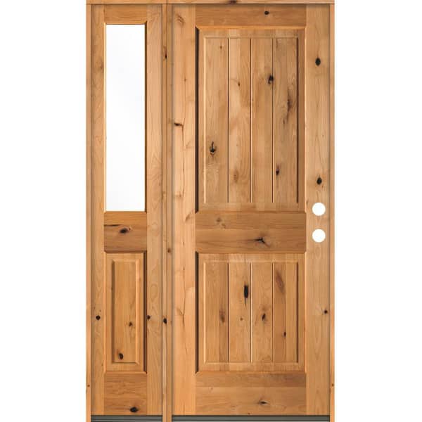 Krosswood Doors Rustic Knotty Alder 44 in. x 80 in. 2 Panel Left-Hand/Inswing Clear Glass Clear Stain Wood Prehung Front Door w/Sidelite