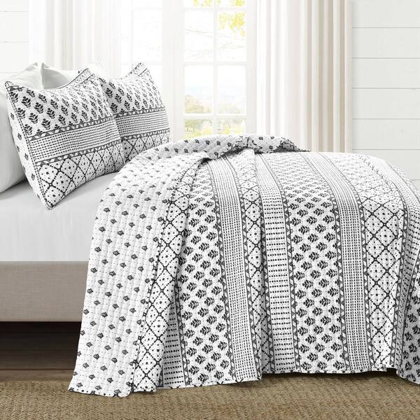 3-Piece Monique Stripe Black/White King Polyester Quilt Set