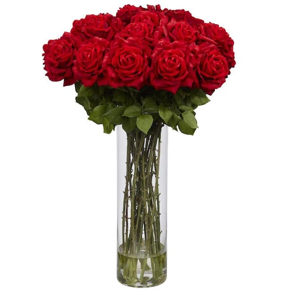 Nearly Natural 31 in. Artificial H Red Giant Rose Silk Flower Arrangement