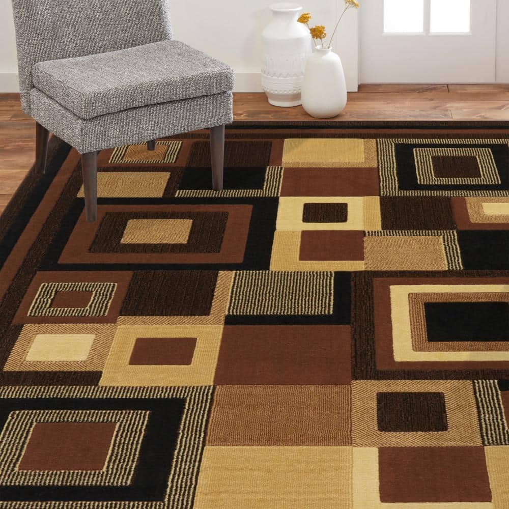 Geometric Black Round Washable Synthetic Rug with Memory Foam