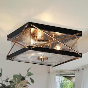 3-Light Flat Black Flush Mount Light with Square Seeded Glass Panels, 11 in. Modern Dark Gold Ceiling Light for Bedroom