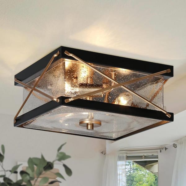 Zevni 3-Light Flat Black Flush Mount Light with Square Seeded Glass Panels, 11 in. Modern Dark Gold Ceiling Light for Bedroom