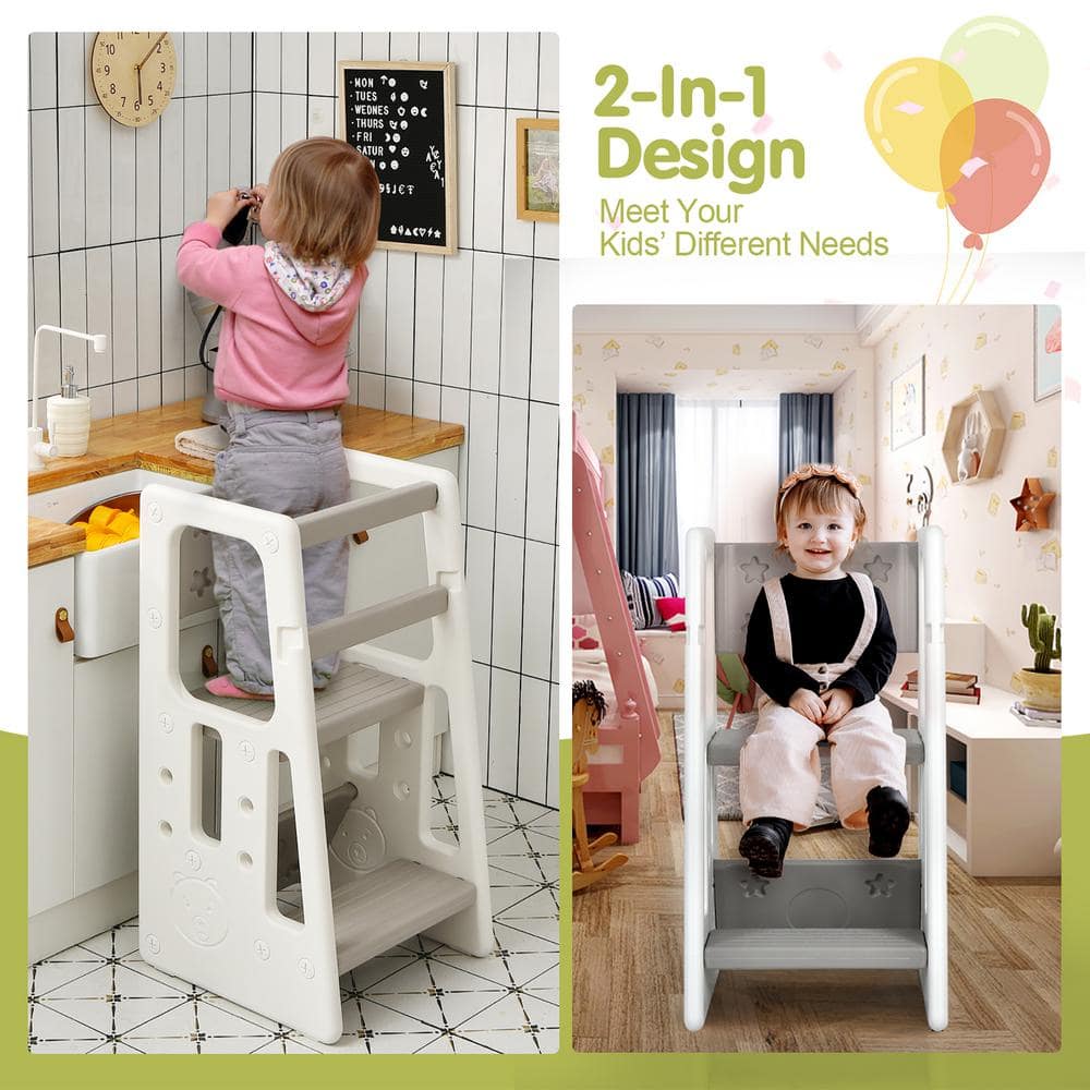 Adjustable Gray Toddler Kitchen Helper Step Stool with Safety Rails