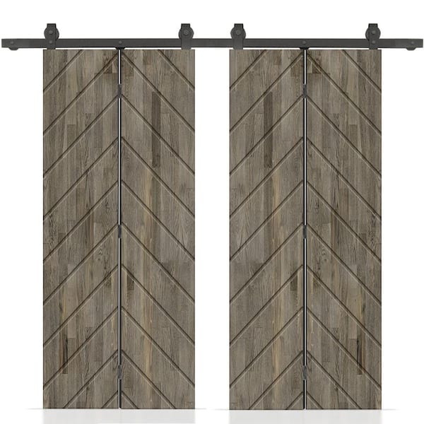 CALHOME Herringbone 60 in. x 80 in. Weather Gray-Stained Hollow Core Pine Wood Double Bi-Fold Door with Sliding Hardware Kit