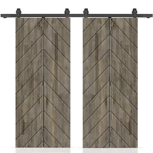 Herringbone 72 in. x 84 in. Weather Gray-Stained Hollow Core Pine Wood Double Bi-Fold Door with Sliding Hardware Kit
