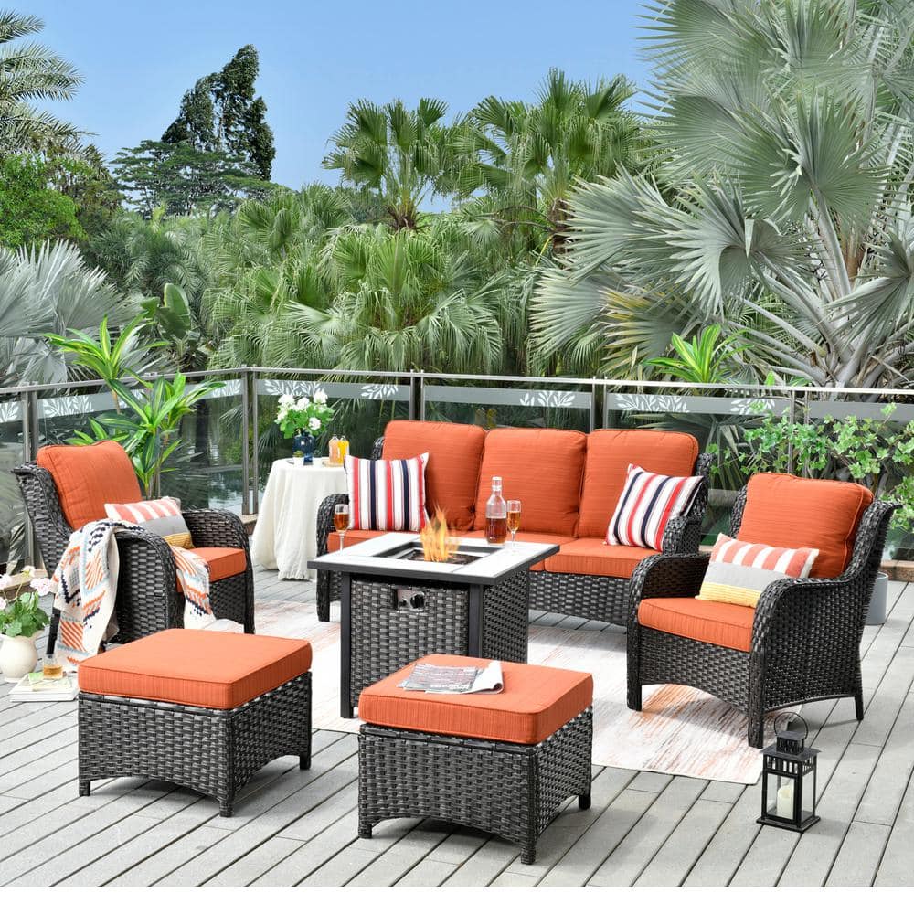 Eclogue Brown 6-Pcs Wicker Outdoor Patio Fire Pit Seating Sofa Set and with Orange Red Cushions price history on PriceWatchPro